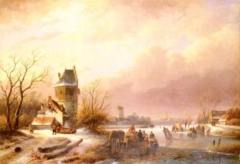 Andreas Schelfhout : Skaters On A Frozen River